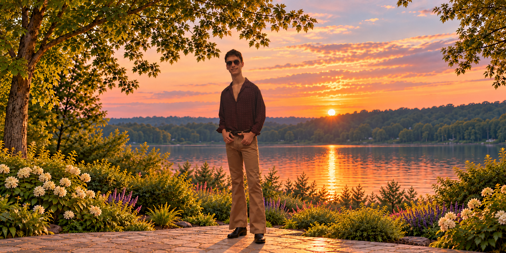 Lane standing in a peaceful garden overlooking a lake at sunset