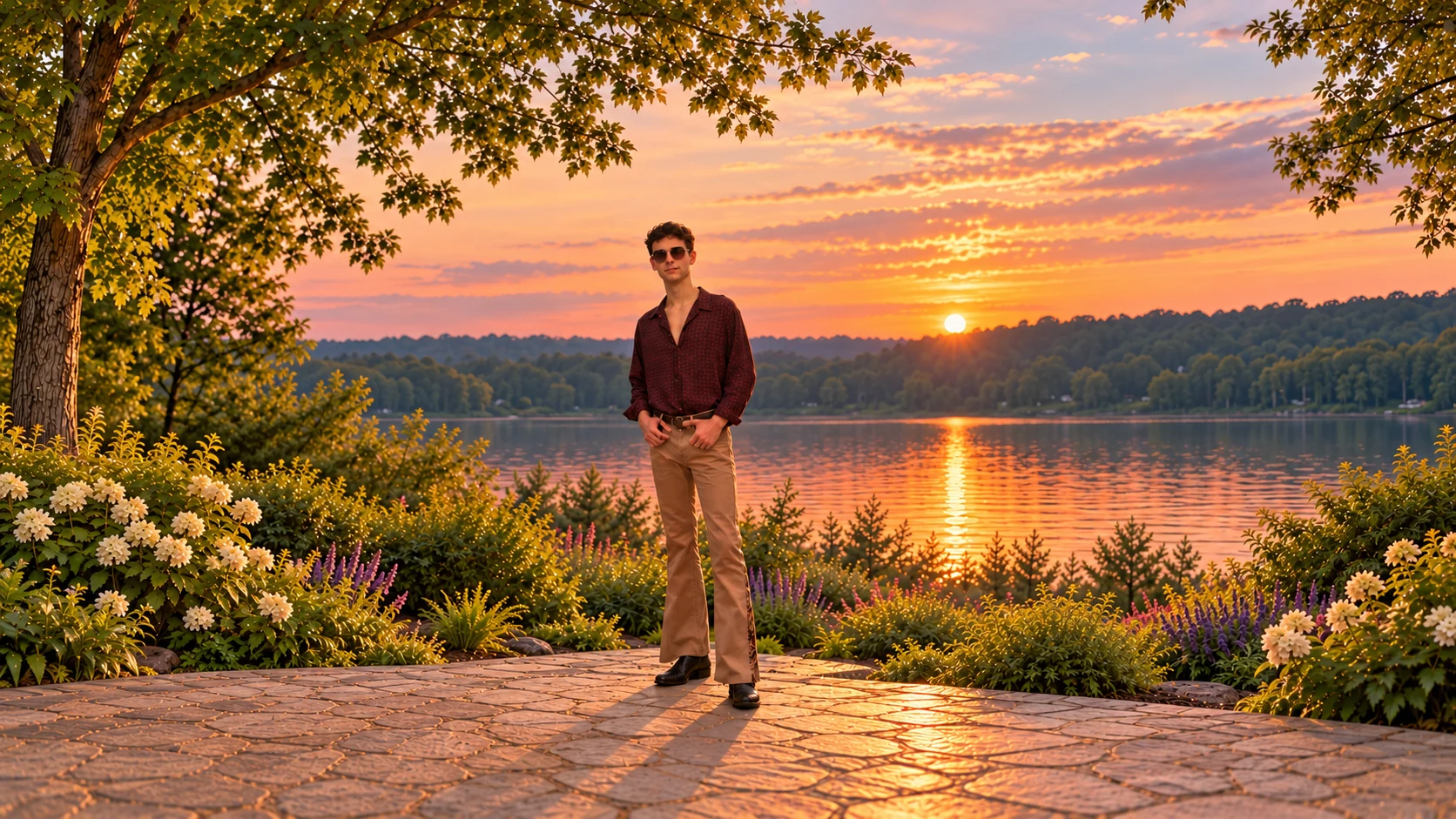 Lane standing in a peaceful garden overlooking a lake at sunset
