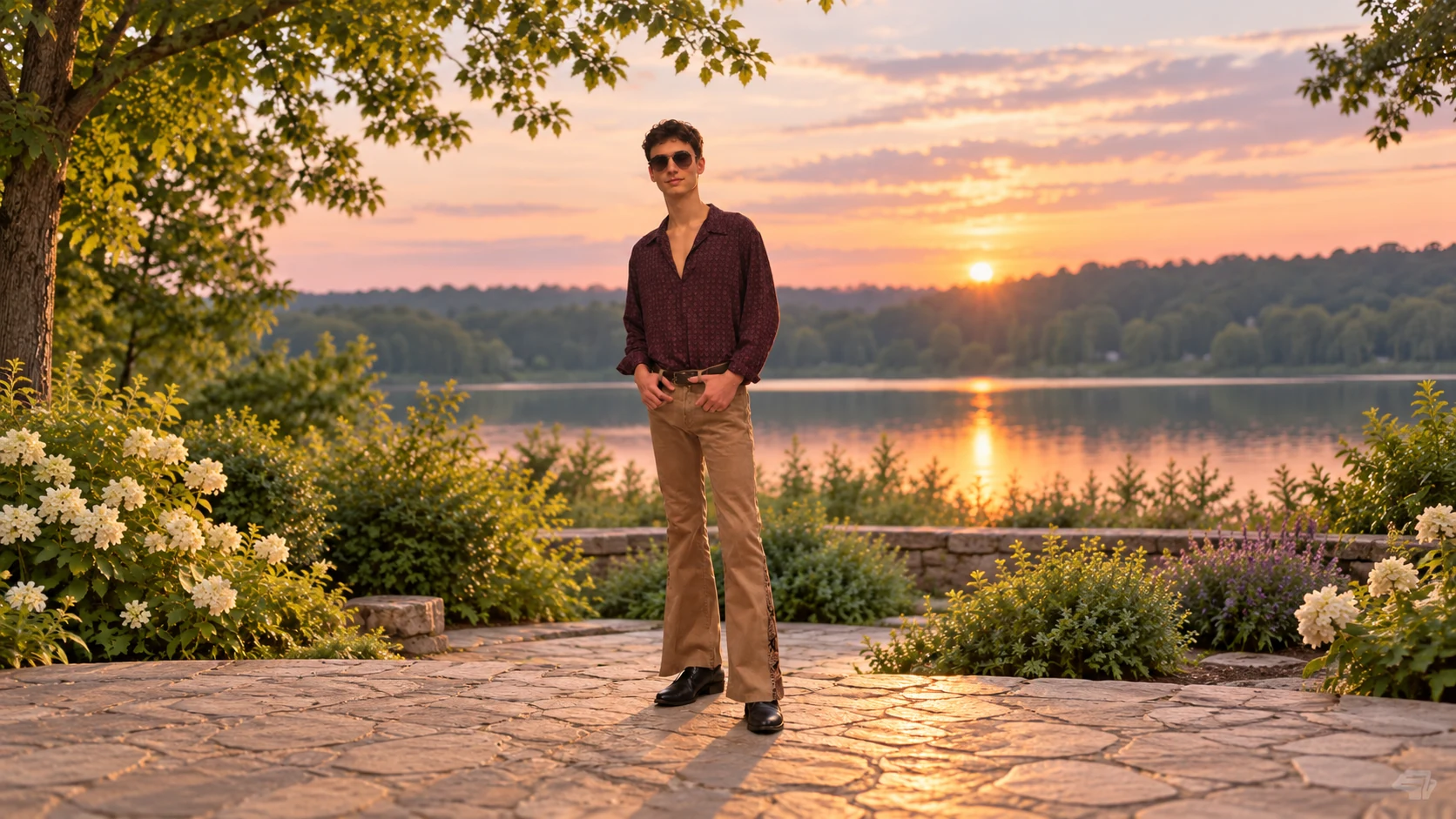 Lane, standing in a peaceful garden beside a lake at sunset